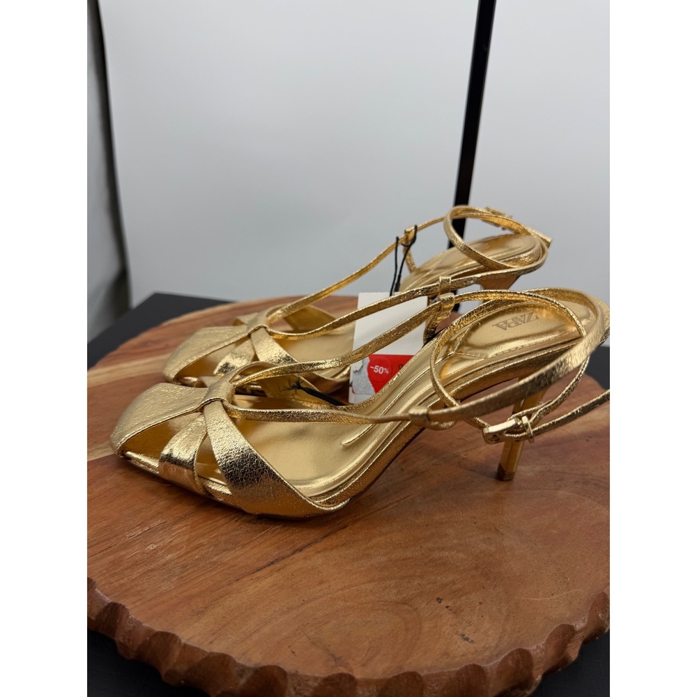 Zara metallic cover front strappy sandals heels gold High Heel 37 6.5 Square Toe - Picture 5 of 10